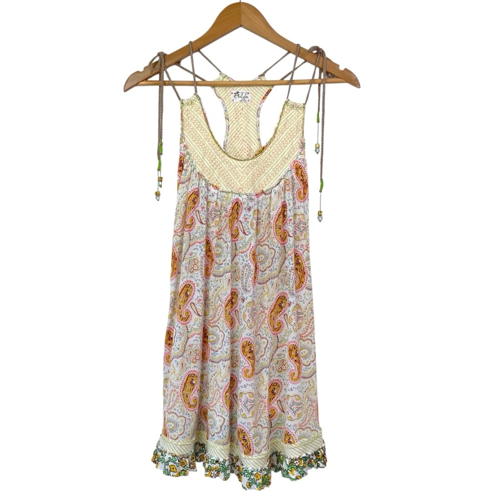 Free People RARE Y2K Paisley Beaded Tie Strap Tiered Ruffled Tunic Mini Dress XS